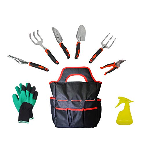 LTLCBB Gardening Tools Set Indoor Outdoor Garden Tool Set 9 Alloy Tools with Ergonomic HandlesGarden Gloves and Gardening Tools BagGardening Tool Set for Woman and Men